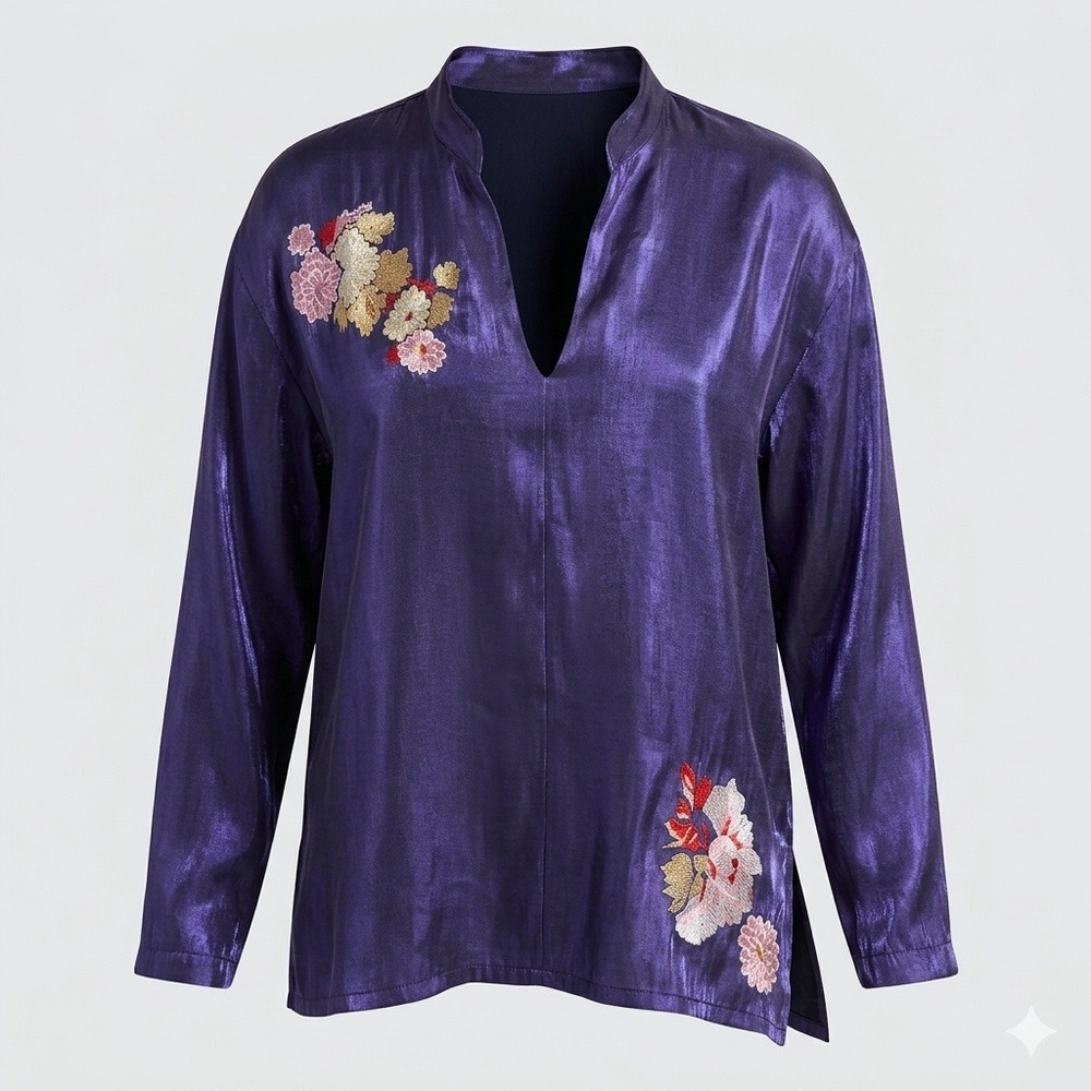 Natori Cruz Shimmer Purple Satin Floral Embroidered Top XL Evening Art to Wear